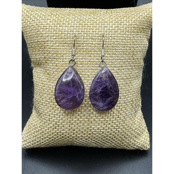Jewelry - Natural Amethyst Teardrop Dangle 925 Silver Earrings Boho Purple Crystal